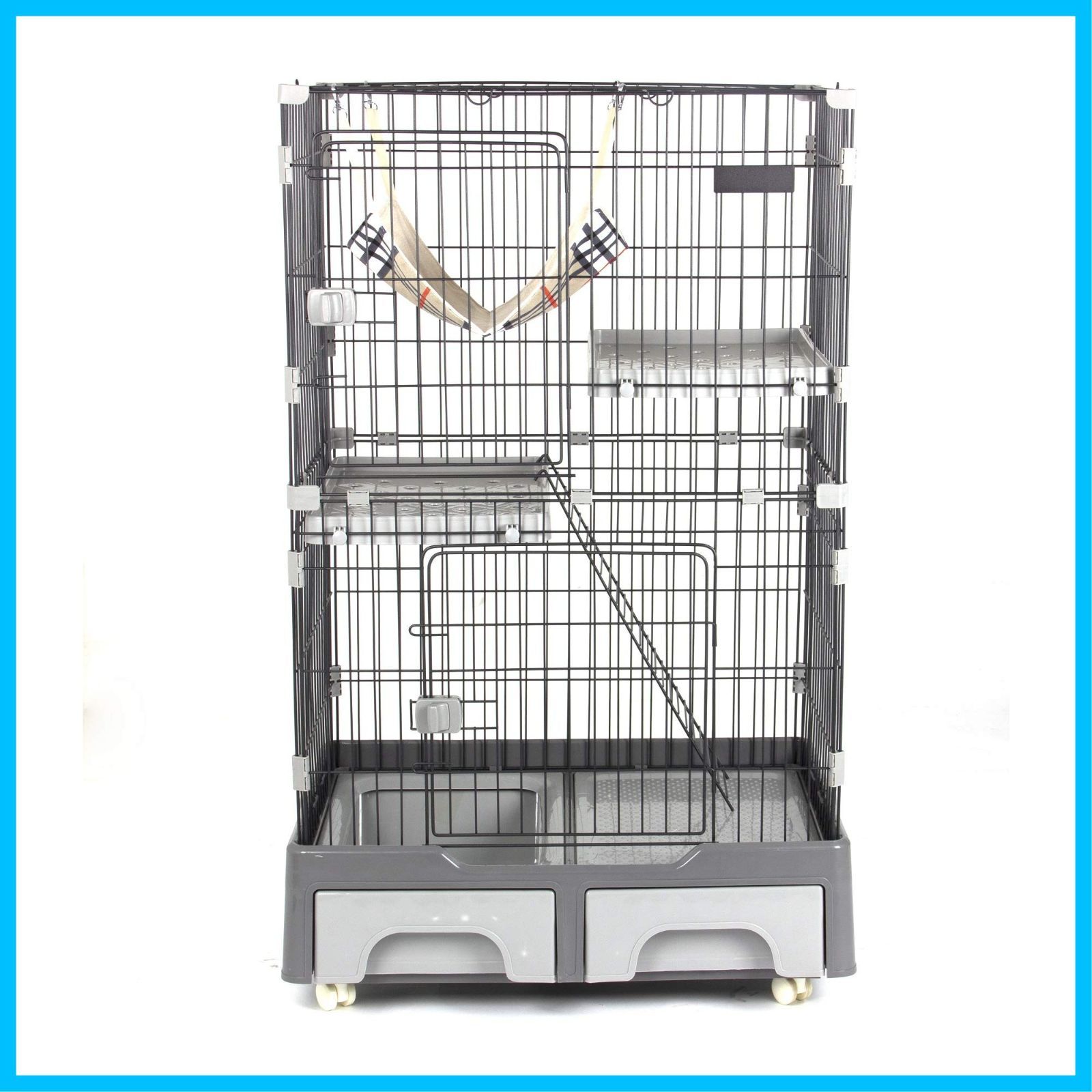 トイレ付き キャットハウス ペットケージ 小動物ケージ 猫ゲージ 2段 ハンモック付 はしご付き キャットケージ キャスター付 高さ132 cm 広々 大型 ケージ おしゃれ ネコ ハウス 猫 多段 留守番 脱走防止 多頭飼い OSJ 多頭 スチール ペット用