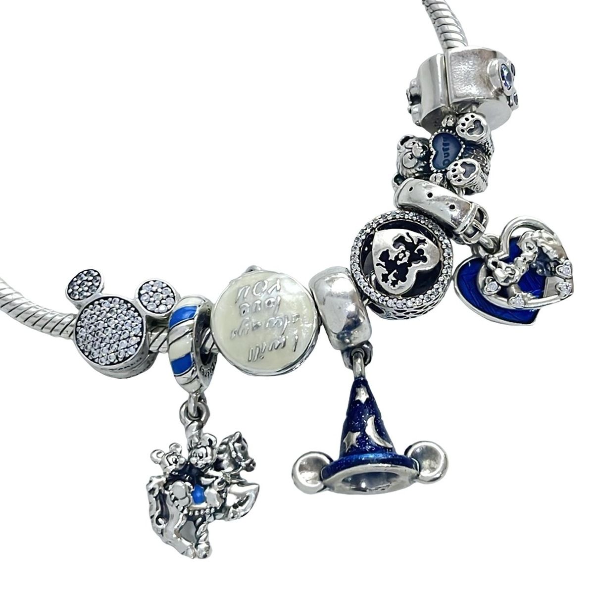 【美品】PANDORAシルバーブレスレット ディズニーアリス・ジミニークリケット PANDORA(パンドラ) ブレスレット美品 - シルバー×ブルー×マルチ