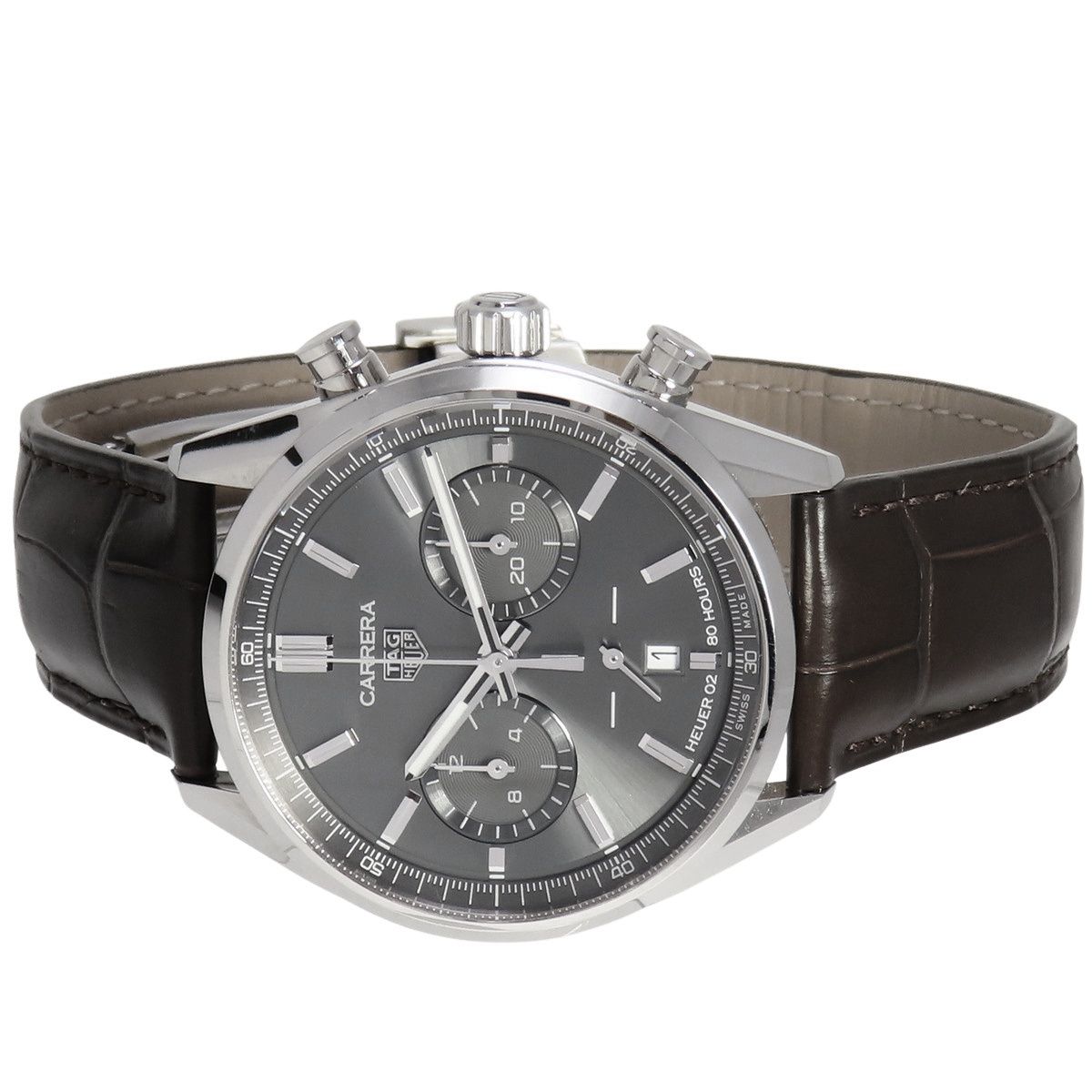 保証書付 タグホイヤー カレラ クロノグラフ CBN 2012 FC 6483 SS 革 グレー 自動巻き メンズ アラモード
