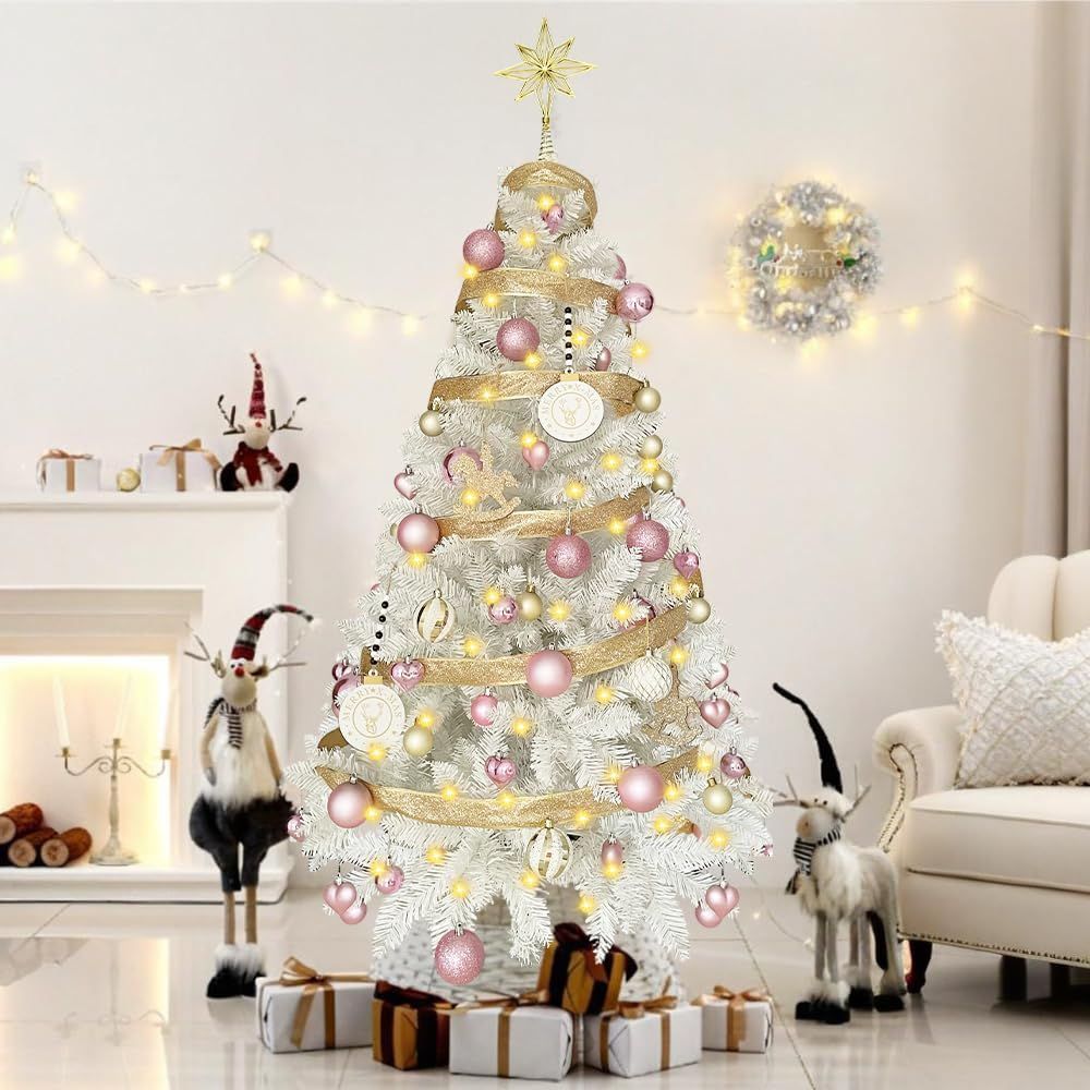 150 cm 北欧風 高濃密度 おしゃれ christmastree 白 ピンク ツリーフルセット オーナメント ボール型LEDライト付き ツリー リアル 豪華 枝数400本 組立簡単 飾り 屋内