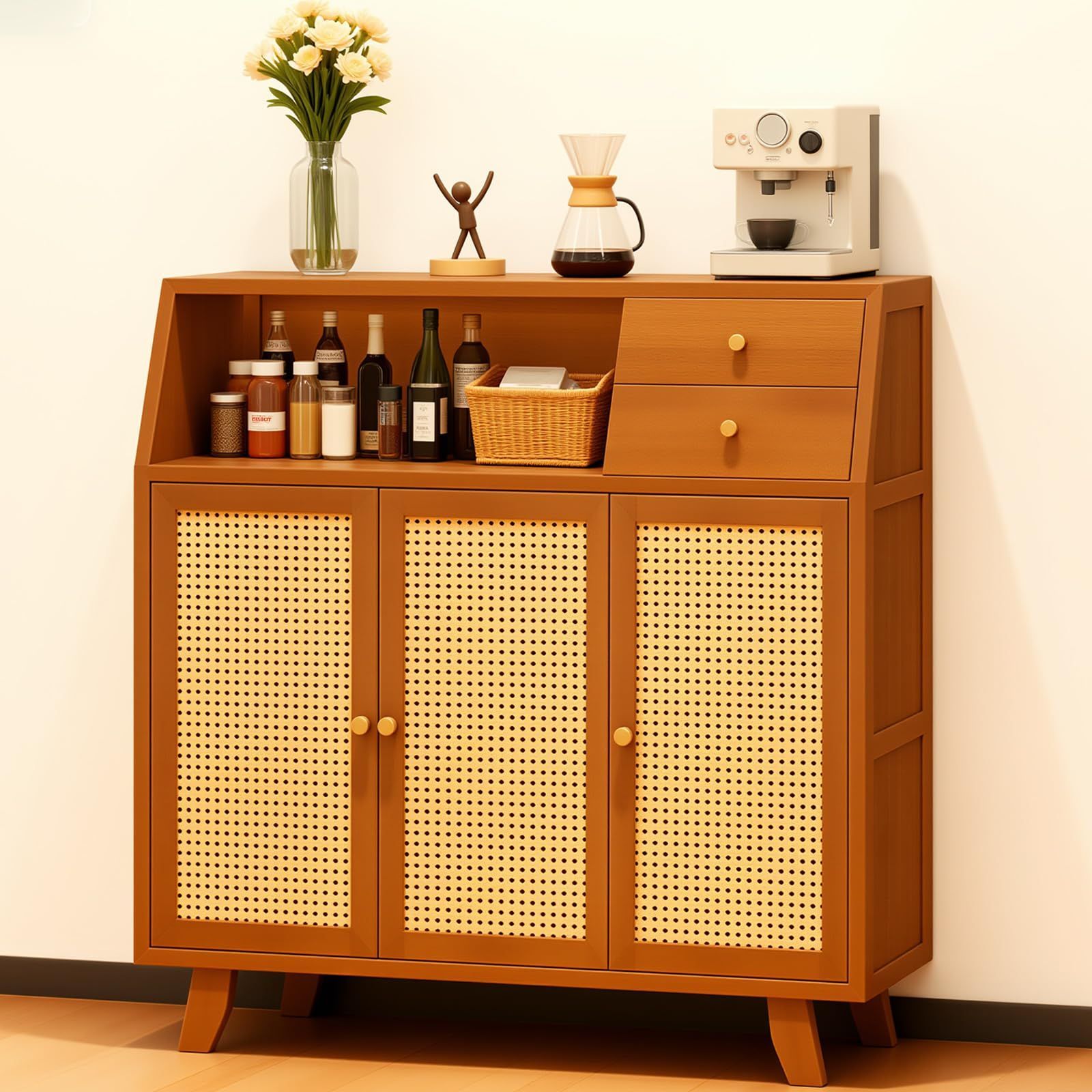 新商品 扉 ブラウン 日本語説明書付き キッチン リビング パントリー対応 ×95 cm ティーセット収納 トールキャビネット 北欧風 安定性 おしゃれ 省スペース 簡単組立 収納ラック オープン多層 リビング収納 調味料入れ 防塵 引き出し付