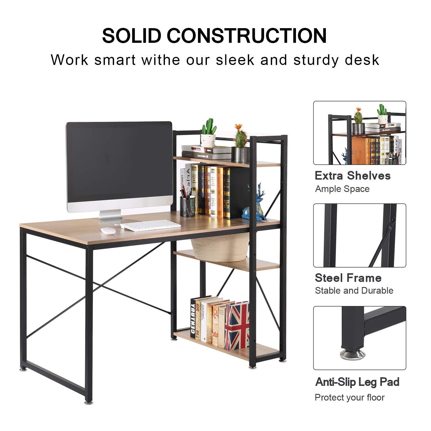 数量限定 組立簡単 左右入替可 4段本棚付き 調整可能 幅120×奥行60cm