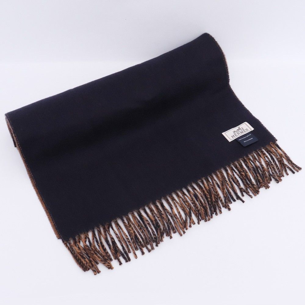 HERMES ロゴ ダブルフェイス カシミヤ マフラー ブラウン ネイビー
