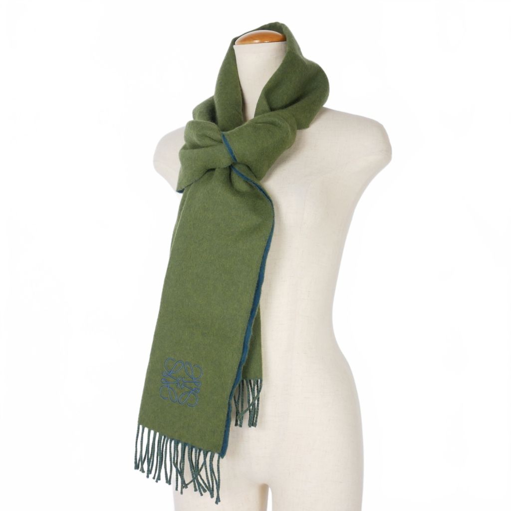 ロエベ LOEWE アナグラム刺繍 フリンジ バイカラー ストール マフラー