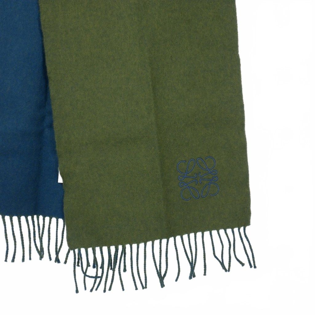 LOEWE ロエベ　カシミヤ混　ウール　アナグラム マフラー　ブルー　グリーン ロエベ LOEWE アナグラム刺繍 フリンジ バイカラー ストール マフラー