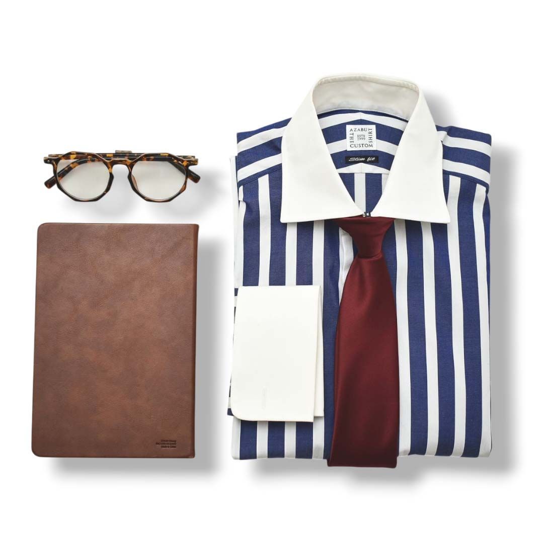 麻布テーラー azabu tailor 麻布 ザ カスタムシャツ THE CUSTOM SHIRT 長袖 ストライプ柄 ワイド ダブルカフス クレリックシャツ 36 ネイビー x ホワイト メンズ