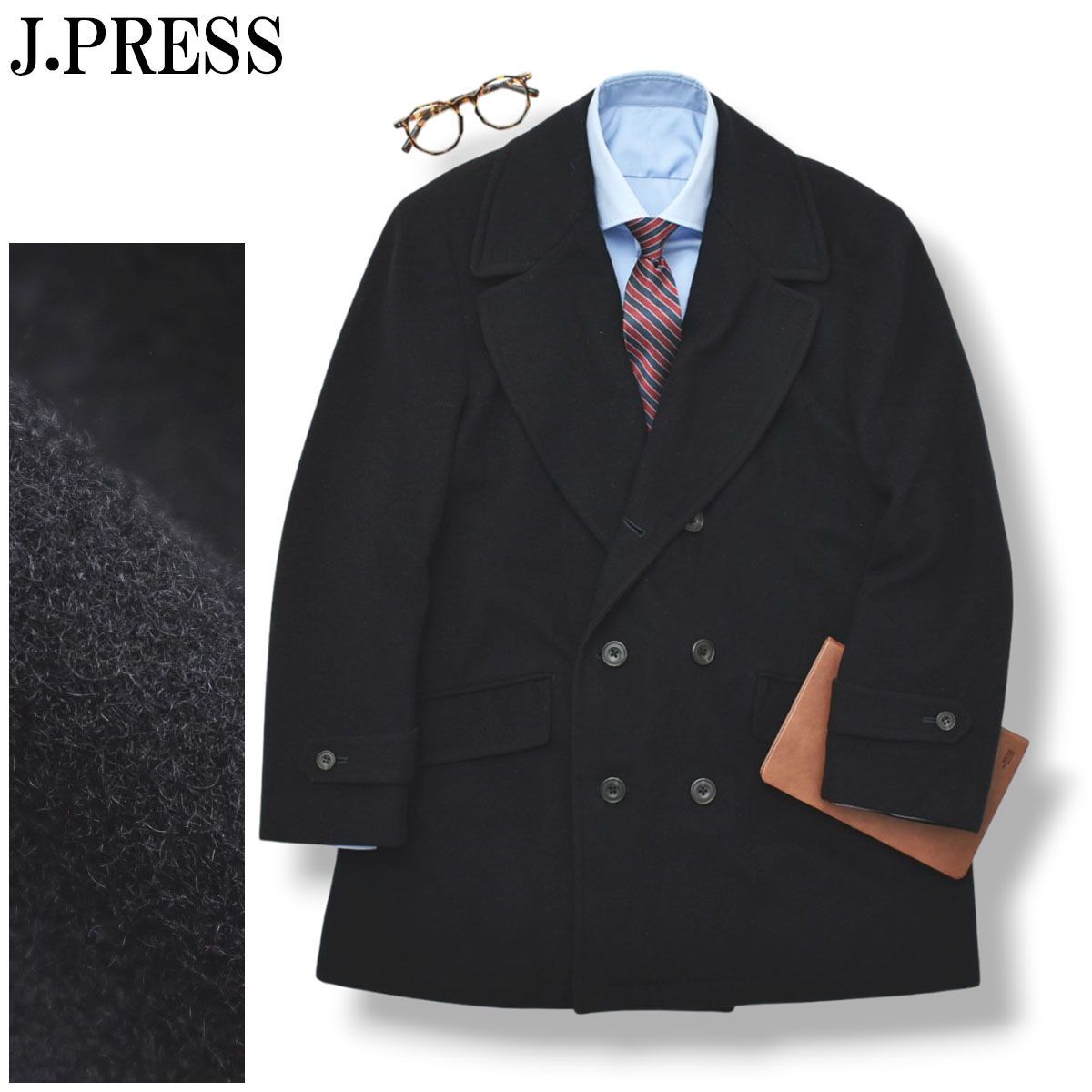 上質 ジェイプレス J.PRESS メルトンウール ダブルブレスト ハーフ ピーコート オーバーコート L ネイビー メンズ
