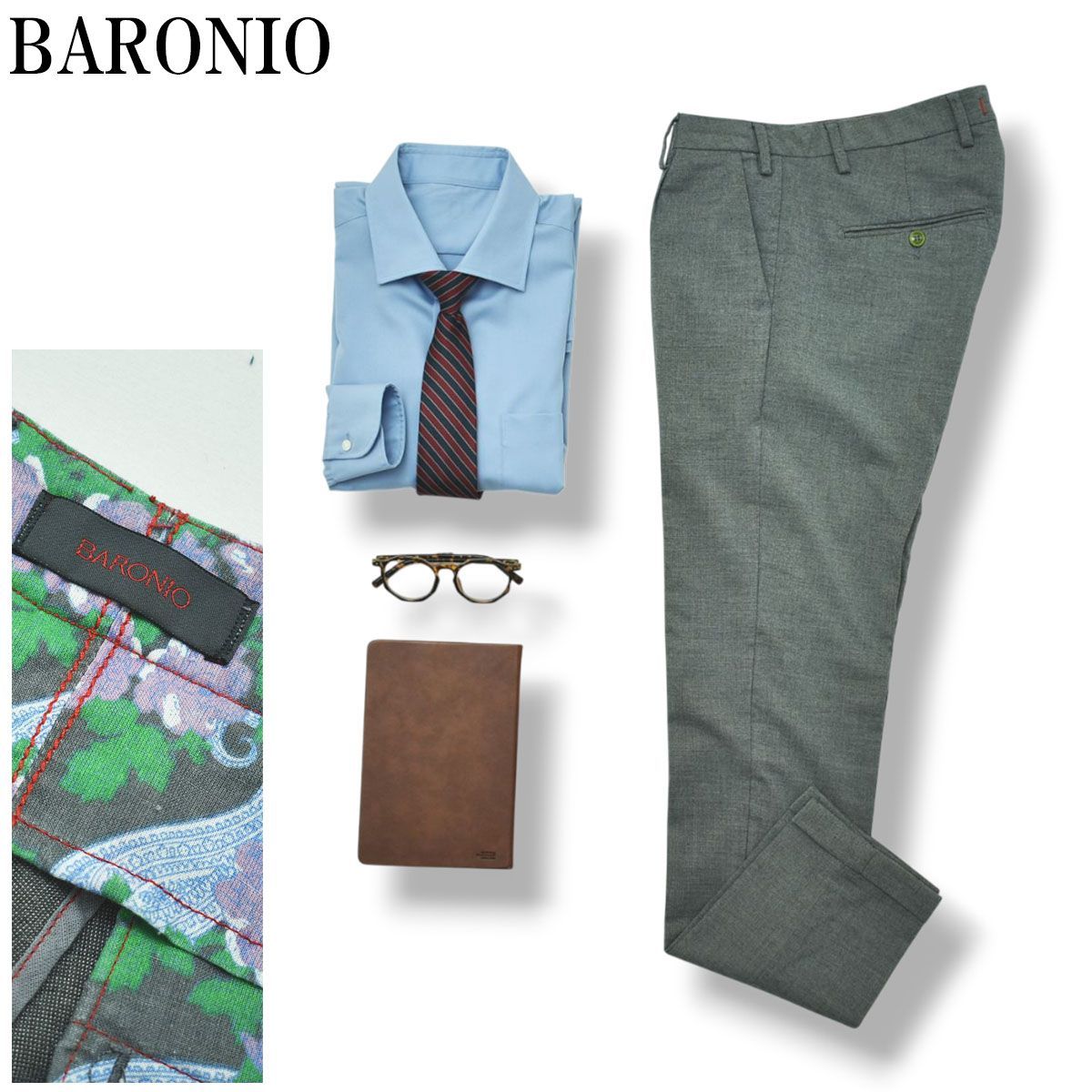 上質 イタリア製 バロニオ BARONIO スリム テーパード ストレッチ スラックスパンツ トラウザー 裏地 ペイズリー ボタニカル柄 31 グレー メンズ