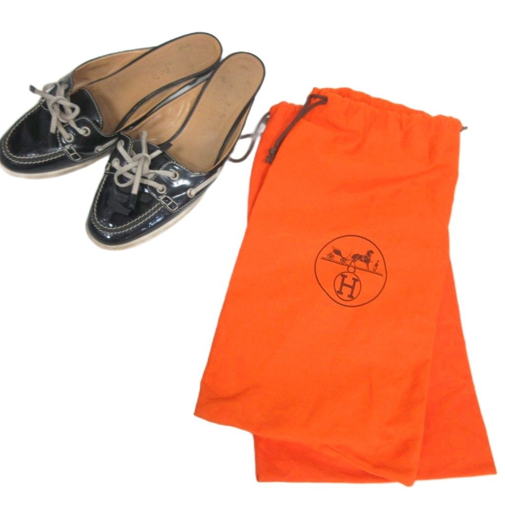 エルメス HERMES モカシンミュール サンダル ヒール パテントレザー レースアップ Uチップ 約22 cm 黒 ブラック IBO 86