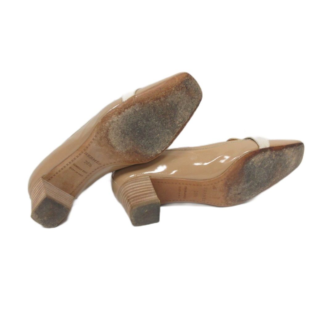  エルメス HERMES Hロゴ エブリン パンプス パテントレザー スクエアトゥ 36.5 ベージュ IBO 86 ハイヒール パンプス パンプス