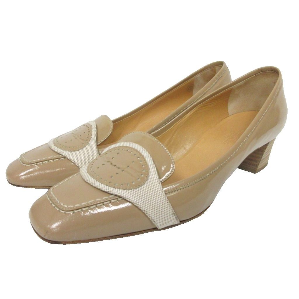 エルメス HERMES Hロゴ エブリン パンプス パテントレザー スクエアトゥ 36 5 ベージュ IBO 86