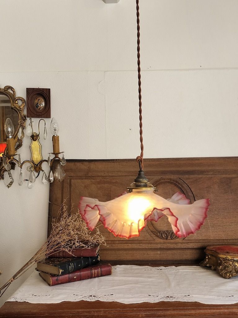 フランス アンティーク 素敵な ガラスシェード シャンデリア 照明