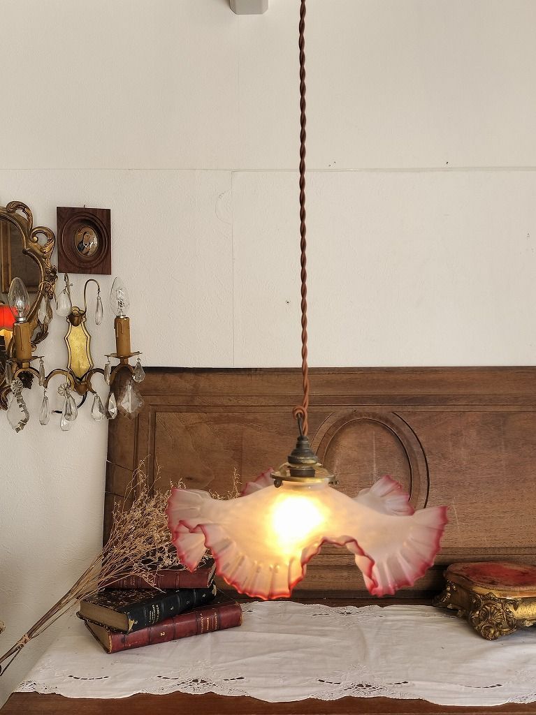 フランス アンティーク 素敵な ガラスシェード シャンデリア 照明