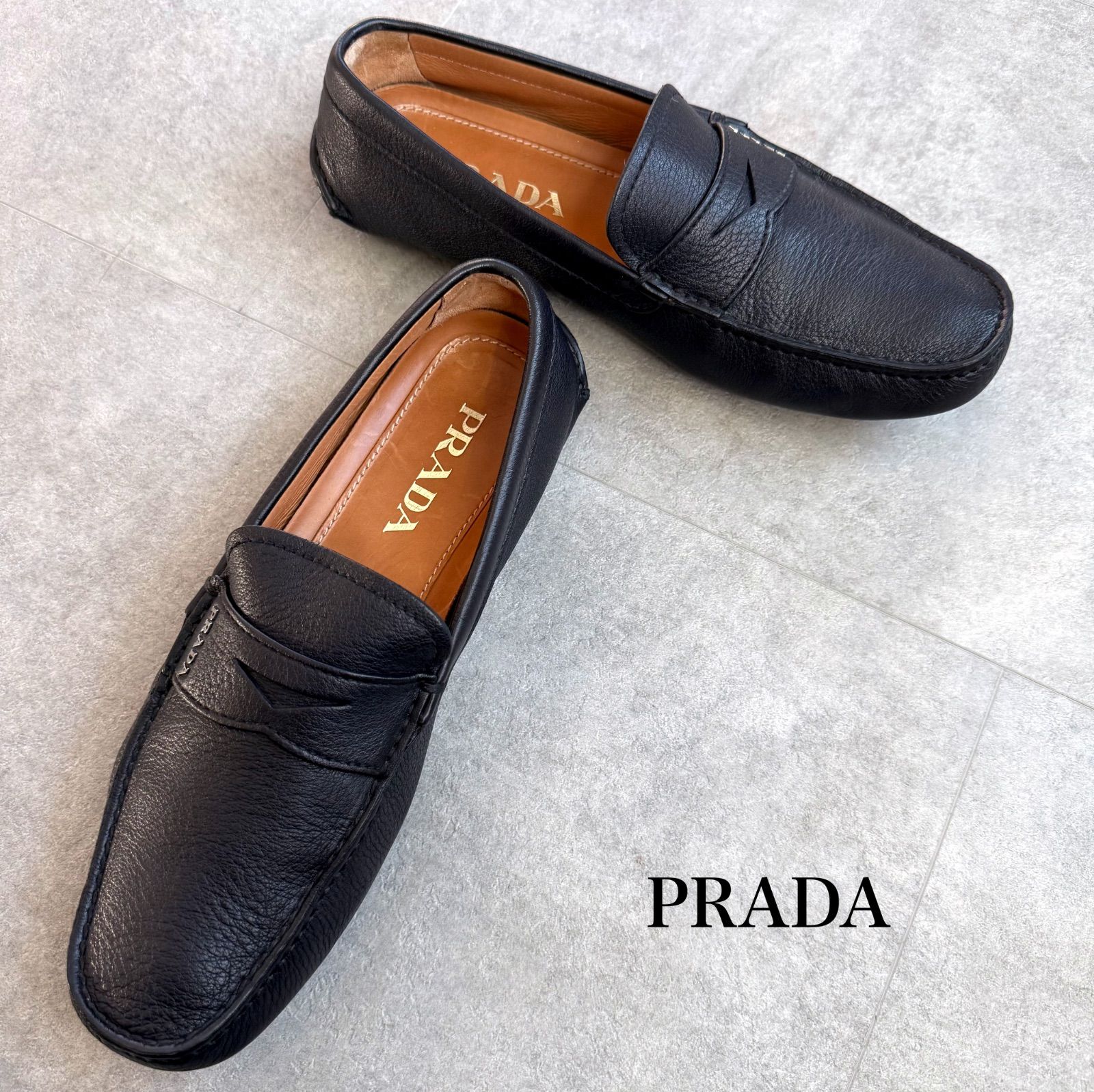 PRADA ローファー ドライビングシューズ ロゴ型押し レザー 26.5 PRADA プラダ レザー ドライビングシューズ ロゴ ブラック 黒