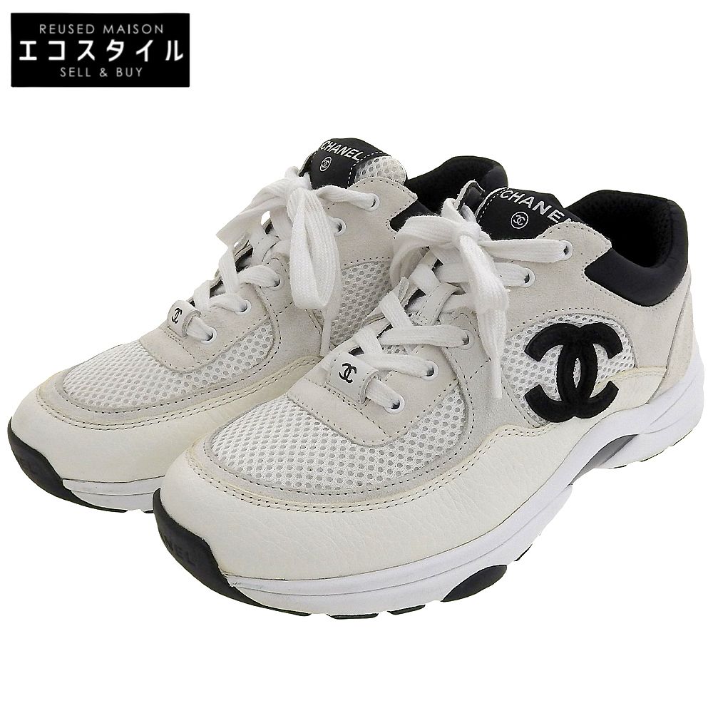 美品】CHANEL ココマーク　ホワイトブラック　メッシュ　スエード　スニーカー CHANEL シャネル 美品 メッシュ×スエードカーフスキン ココマーク