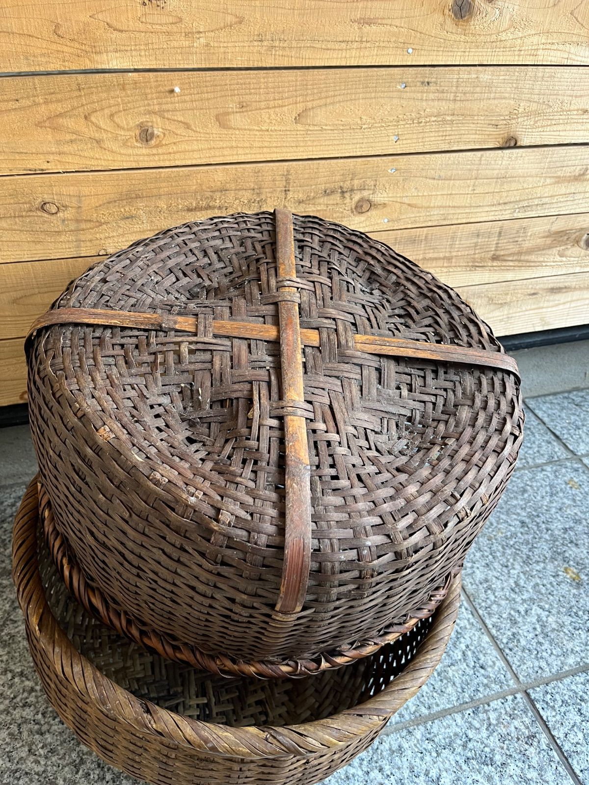 大型収納かご バスケット 古道具 竹の古かご 大編み込み 竹編み籠 野菜