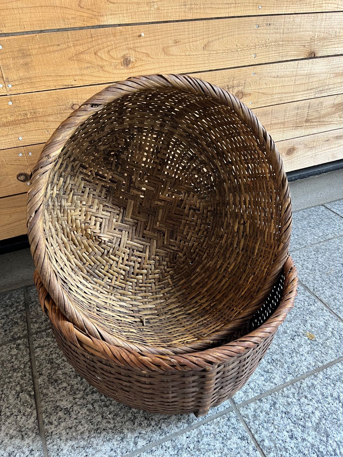 大型収納かご バスケット 古道具 竹の古かご 大編み込み 竹編み籠 野菜