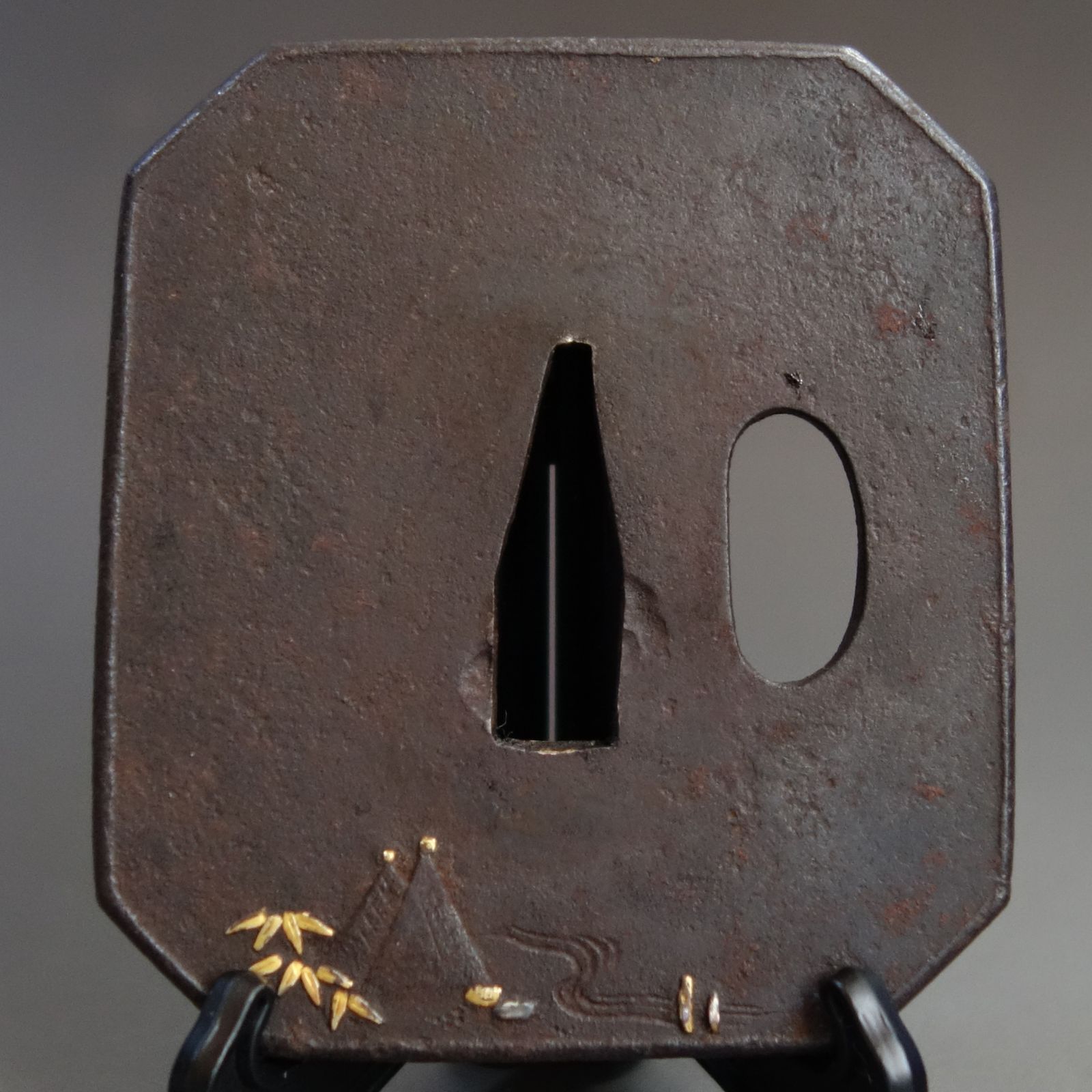 鍔 【 鉄地 象嵌 太公望風景図鍔 】 日本刀 刀装具 鐔 骨董 古美術