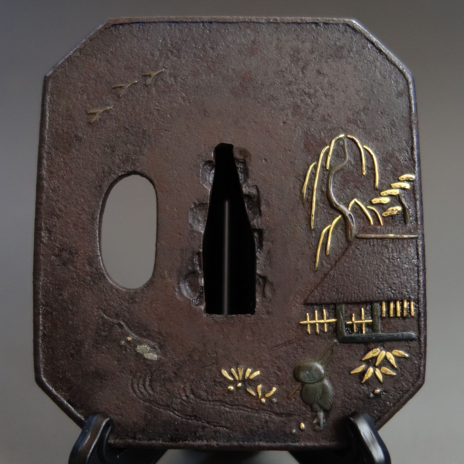 鍔 【 鉄地 象嵌 太公望風景図鍔 】 日本刀 刀装具 鐔 骨董 古美術