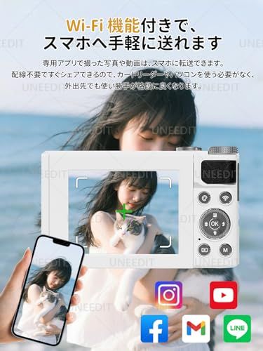 デジカメ スマホWIFI転送 5600万画素 1080 P録画 デジタルカメラ 16 X 2 8インチ 180°回転 64 G SDカード付き コンパクト 日本語説明書付き 自撮り 修学旅行 Vlog プレゼントに最適 ホワイトp 37 d 4 ca 15