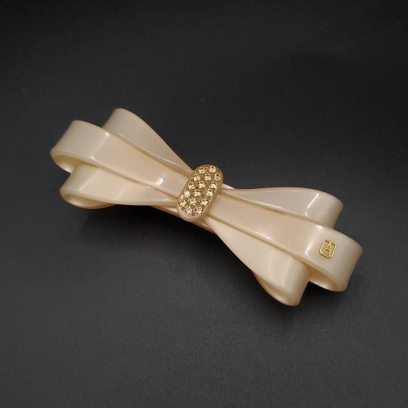 ALEXANDRE DE PARIS アレクサンドルドゥパリ バレッタ ヘア 髪留め リボン ラインストーン ラメ ベージュ ギフト プレゼント 贈り物