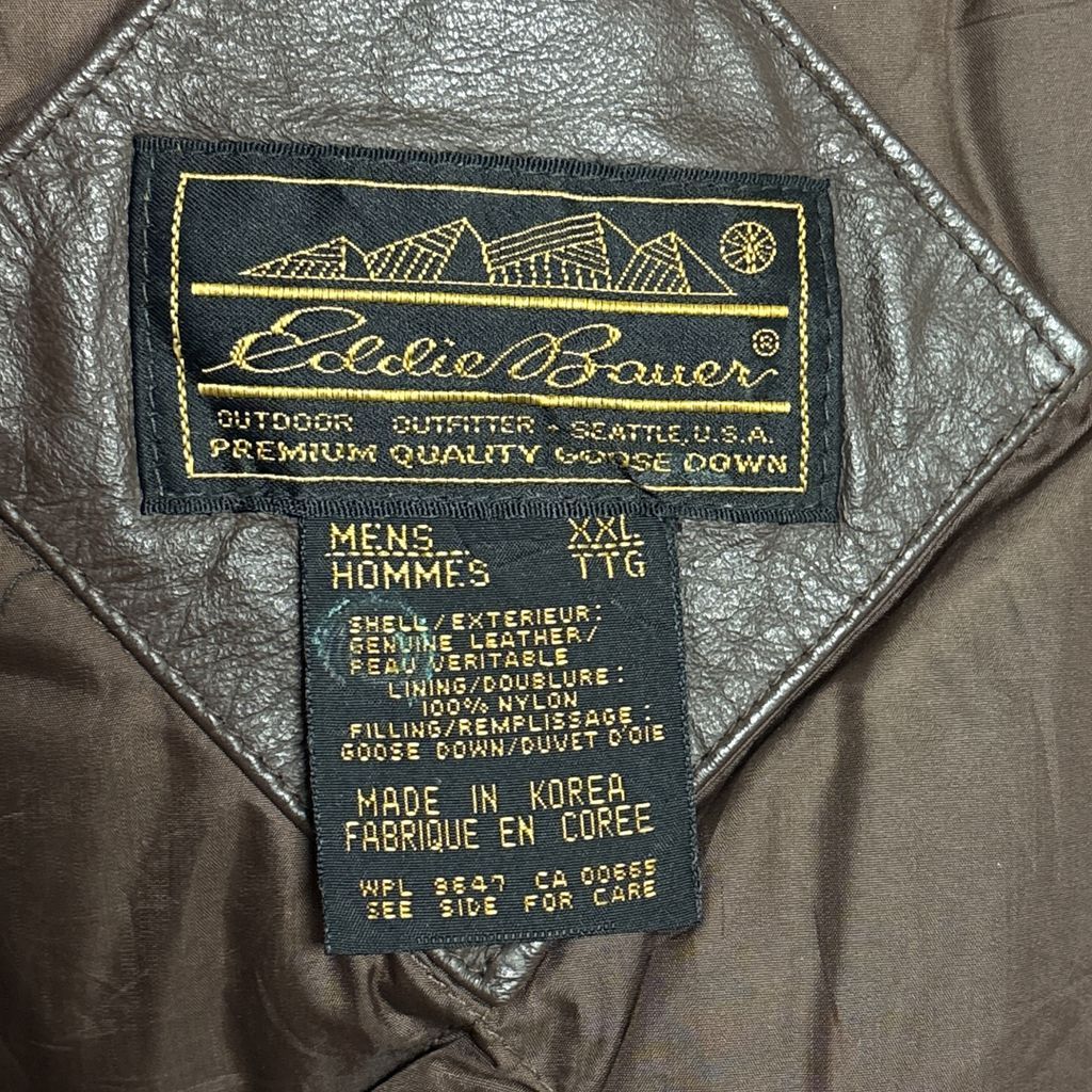 Eddie Bauer】 80～90s 黒タグ グースダウン 本革レザーベスト S-3636