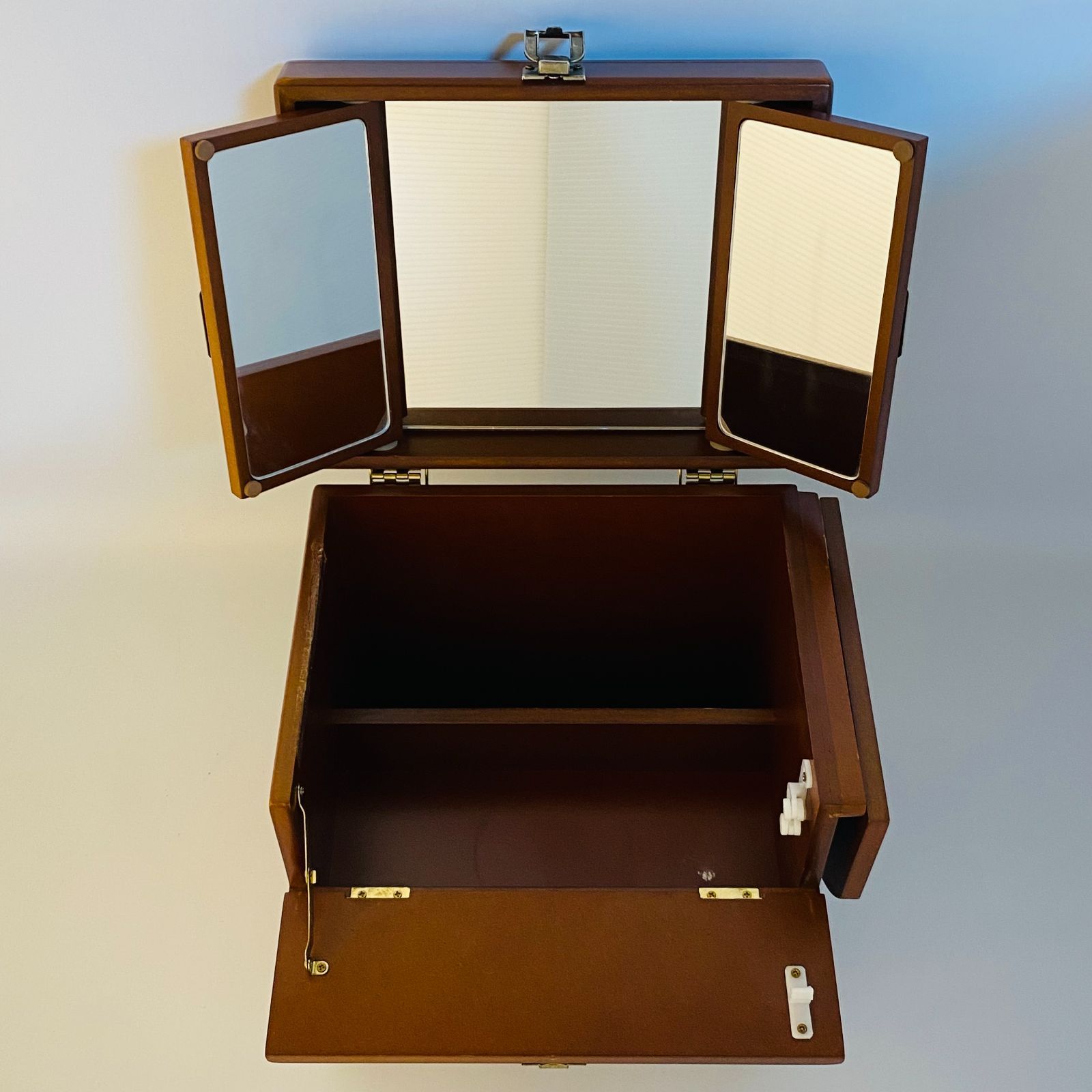 化粧箱 木目 三面鏡 木製 レトロ メイクボックス ドレッサー ③ 送料