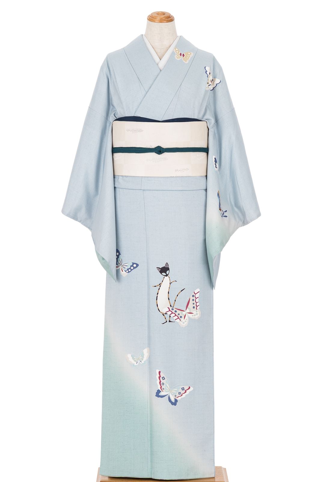 紬 訪問着 猫と蝶々 作家物 スリムサイズ