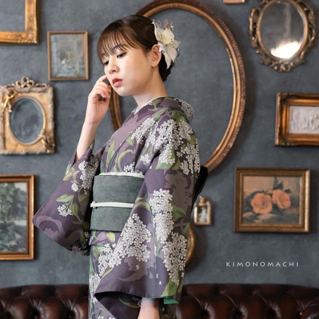 KIMONOMACHIきもの町洗える着物単品 白木蓮 藤墨色 Mサイズ 種類24：L/08.白木蓮 藤墨色 洗える着物 セット 「袷着物＋京袋帯＋
