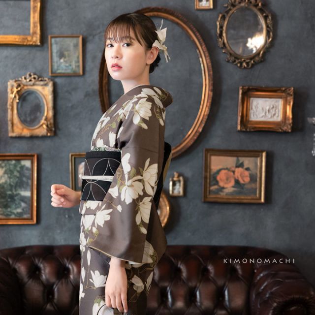 種類24：L/08.白木蓮 藤墨色 洗える着物 セット 「袷着物＋京袋帯＋