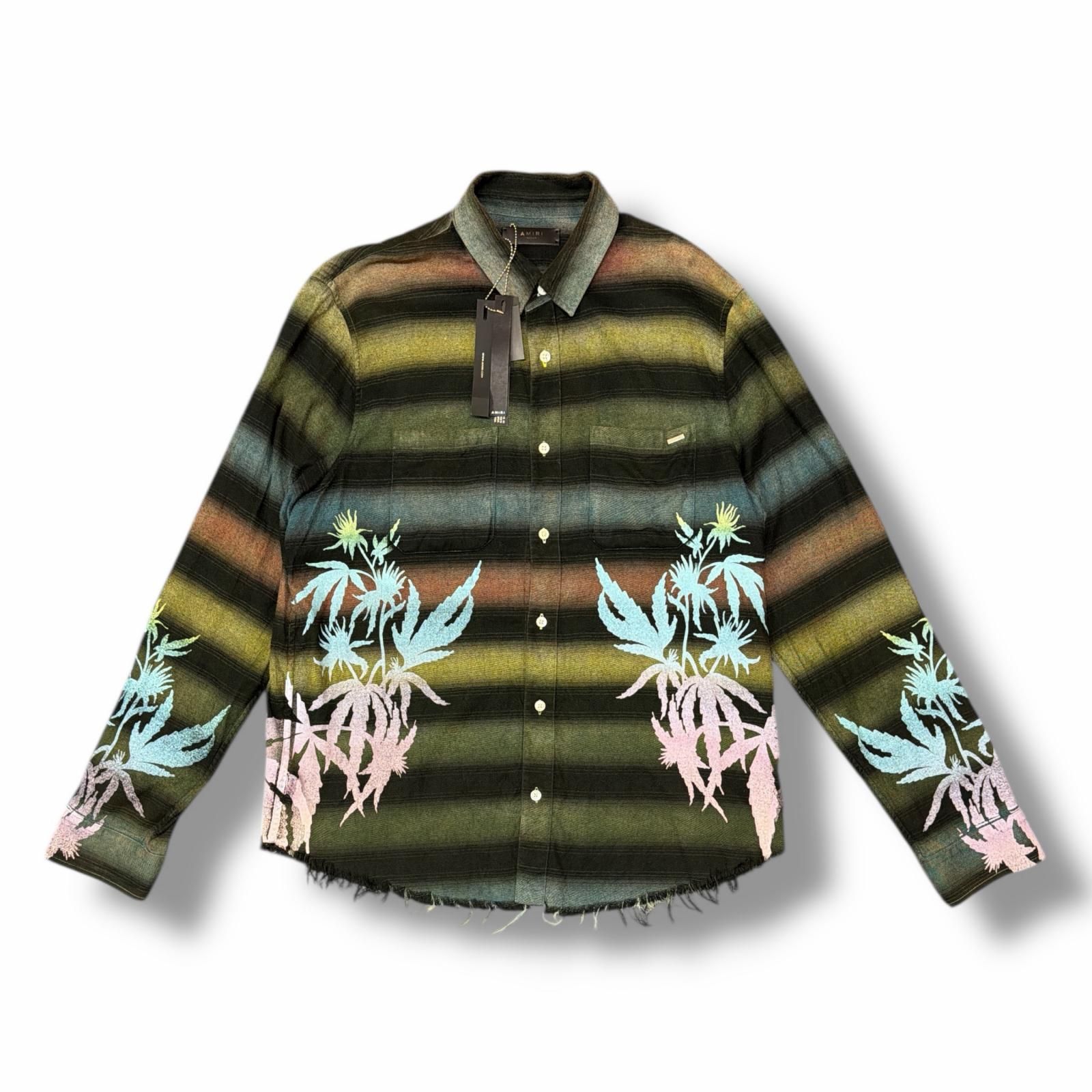 AMIRI プリント刺繍フランネルシャツ ボーダー チェックシャツ アミリ カーキ M 3519