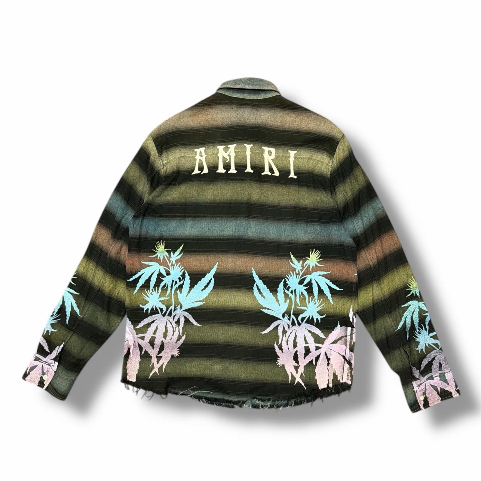 AMIRI プリント刺繍フランネルシャツ ボーダー チェックシャツ アミリ カーキ M 3519