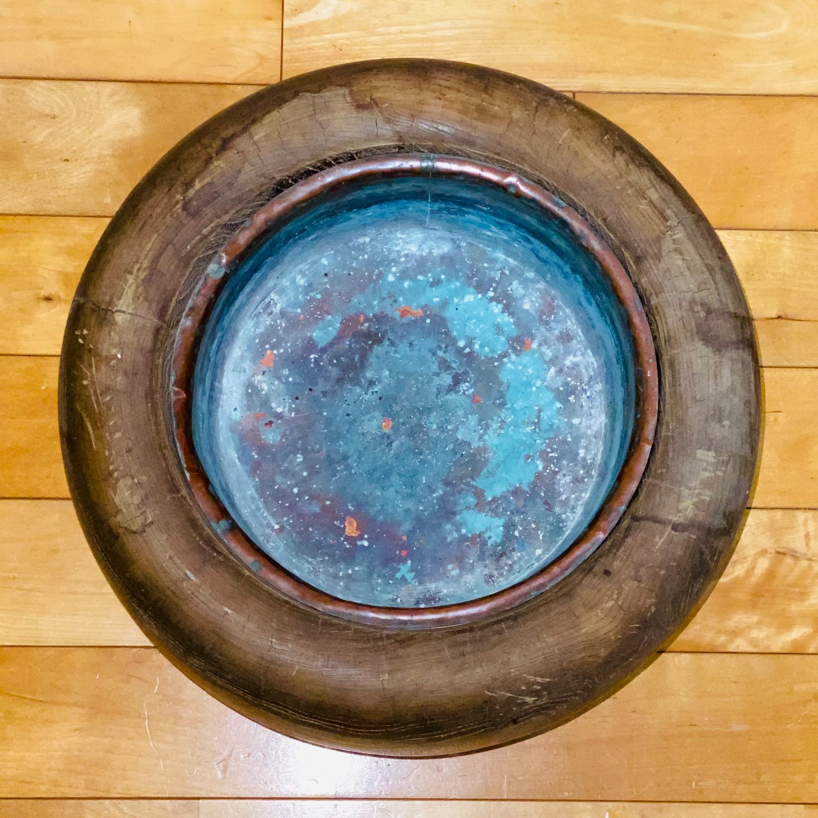 火鉢 木製 銅炉付 五徳付 金網付 直径約38cm H約23cm 送料込み