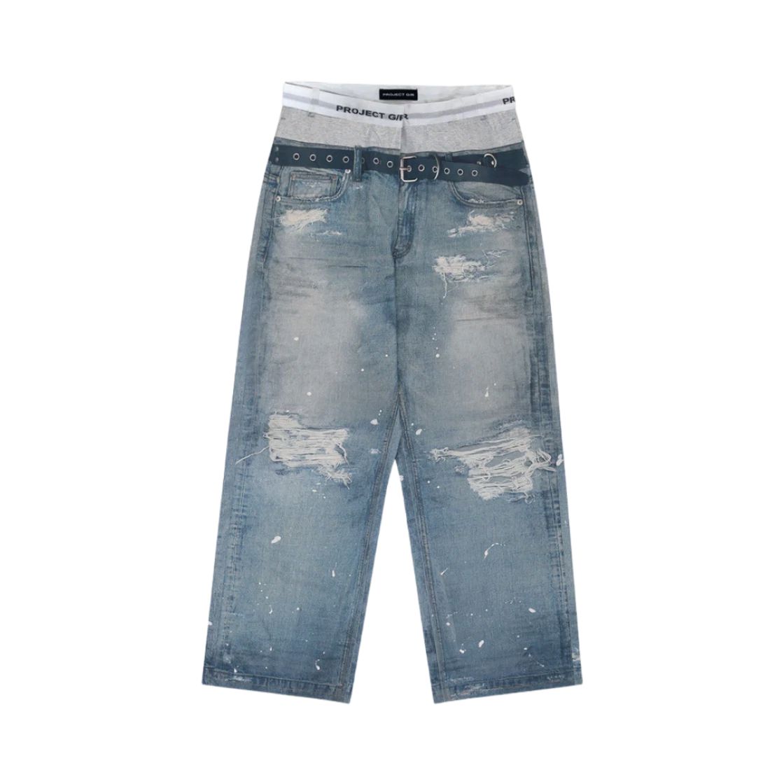 プロジェクト G R トロンプ ルイユ デニム プリント パンツ ロング ブルー