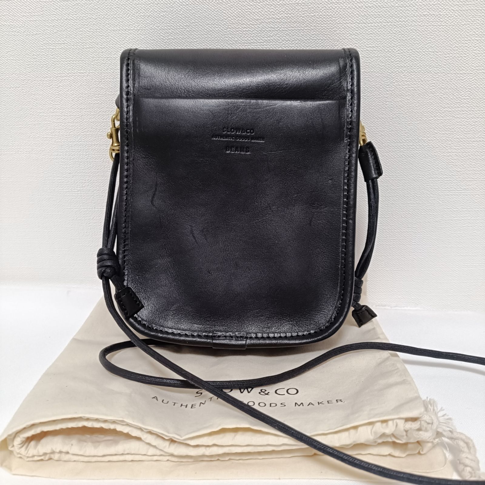 ビームス×スロウ 本革レザー フラップ ショルダーバッグ ブラック 美品 