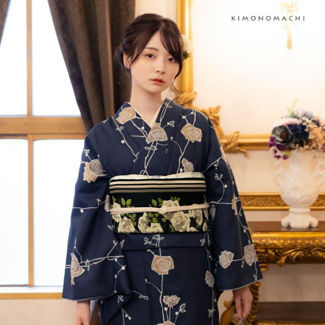 洗える着物 セット「袷着物：ばら 墨紺色＋京袋帯：黒 アンティーク