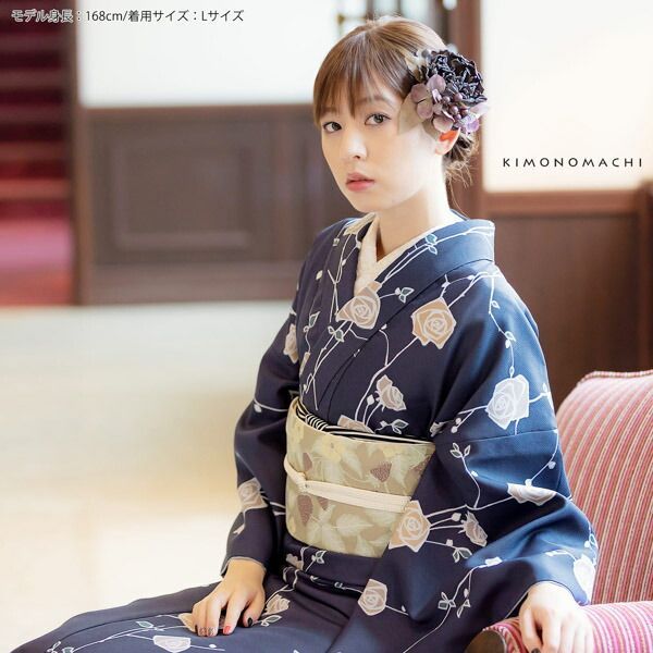 洗える着物 セット「袷着物：ばら墨紺＋京袋帯：蔓いちご」KIMONOMACHI