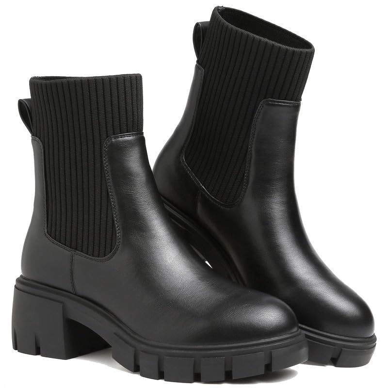 women Boots 防水 革靴 アンクルブーツ ワークブーツ 冬用 秋 ハイカット エンジニアブーツ ニットブーツ ソックスブーツ ミドル丈 黒 ショートブーツ レディース レディース 厚底ブーツ サイド