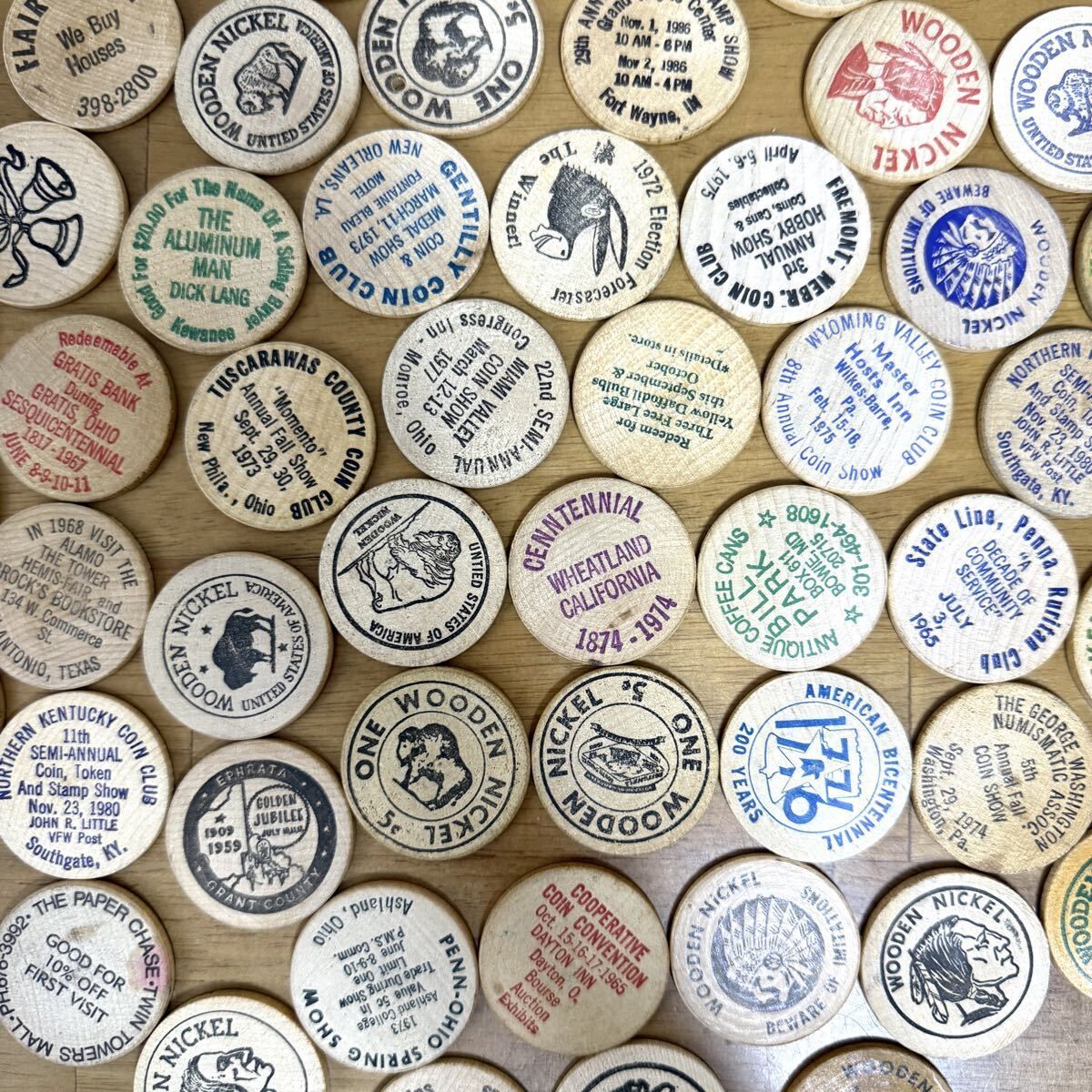 A アメリカ ウッデンニッケル ヴィンテージ 大量 まとめ ビンテージ セット トークン 木製 コイン 昭和レトロ 古銭 卸売 店舗 什器 レジ横 陳列 ディスプレイ カスタム DIY 素材 広告 記念 ガレージ レトロ 雑貨 古着