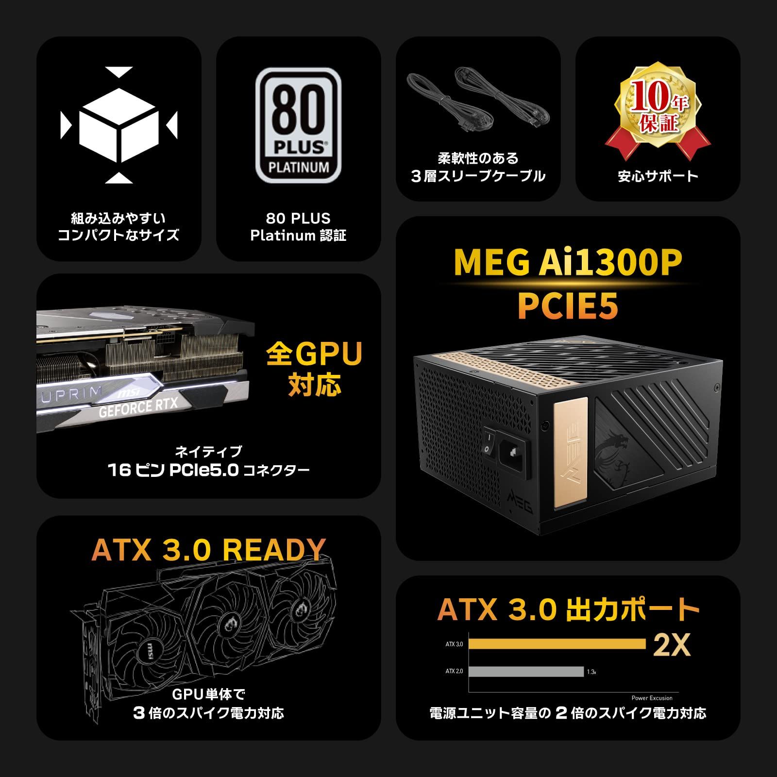 MSI MEG Ai 1300 P PCIE 5 W ATX 3.0 5.0ネイティブ対応 静音80 PLUS PC電源ユニット PS 1231 PLATINUM静音電源
