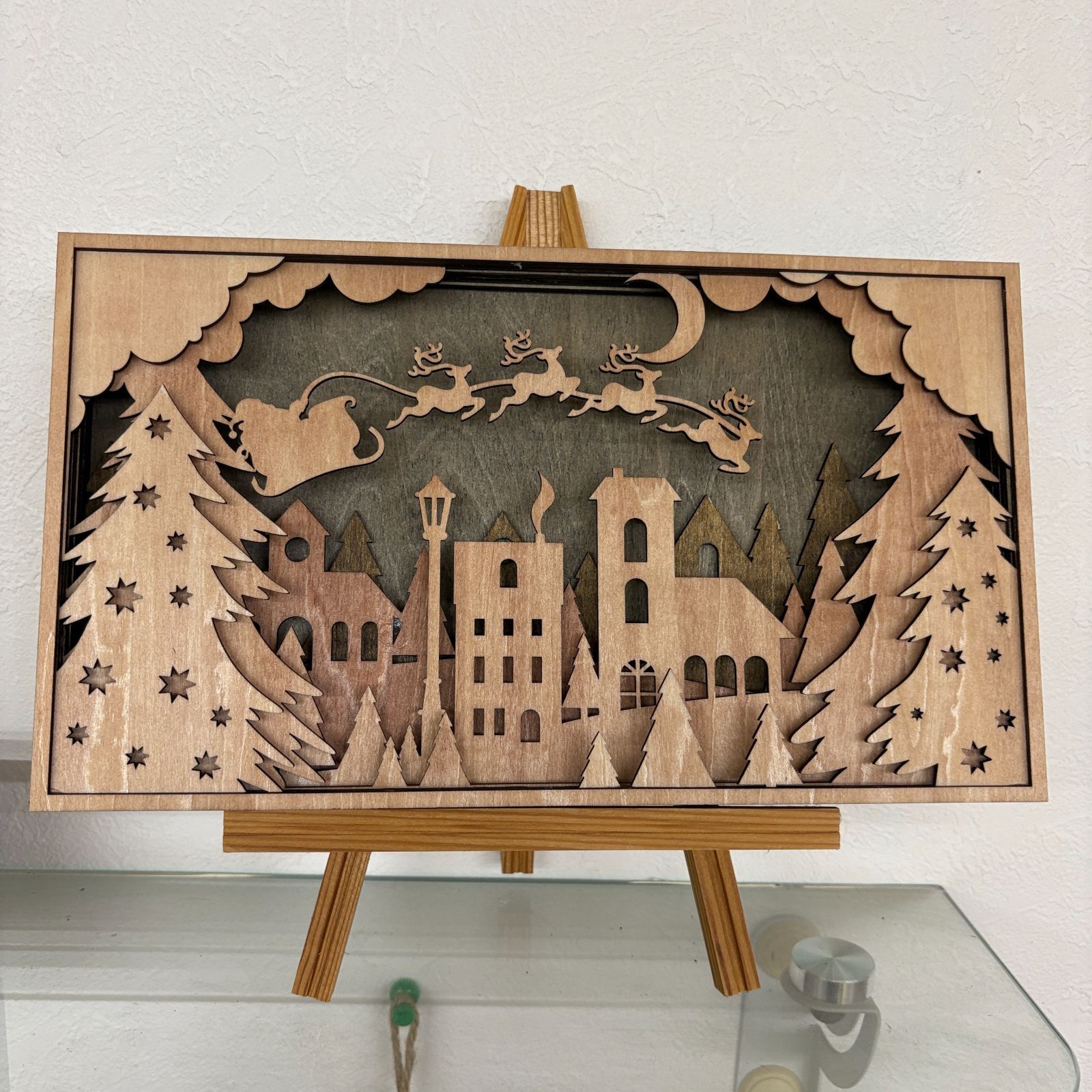 🎄 木製クリスマス シャドーボックス（立体アート）／サンタとトナカイ