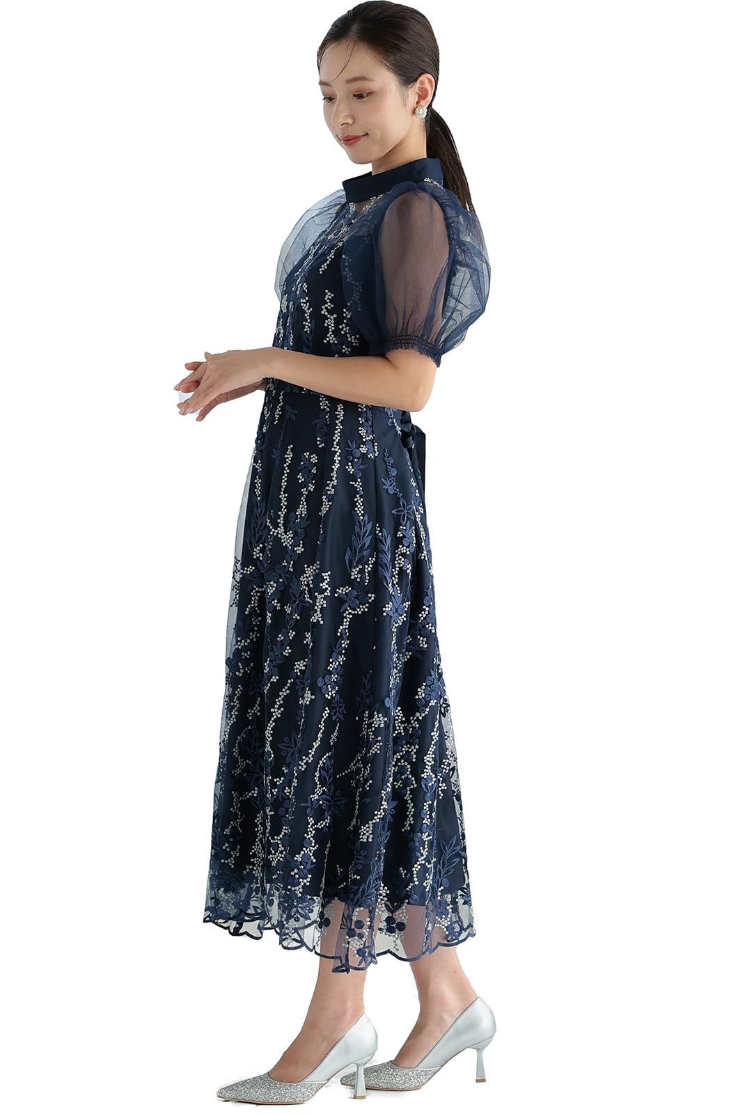 MORE AUNI 結婚式 ドレス パーティードレス ワンピース レディース 結婚式に着て行く お呼ばれ 花柄 刺繍 レース 披露宴 324242 NVY S