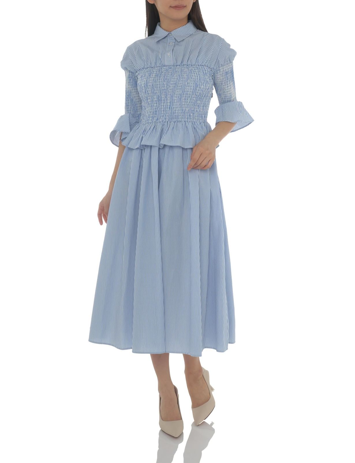 ナチュラルビューティーベーシック カジュアルドレス ストライプシャツビスチェワンピース レディース ブルーストライプ