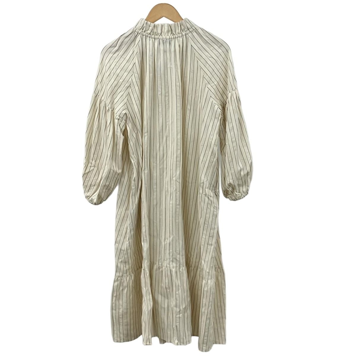 NEMIKA by Leilian ネミカ ワンピース サイズ5 XS レディース アイボリー 黒 ボウタイ 七分袖 ロング ストライプ シャツワンピ