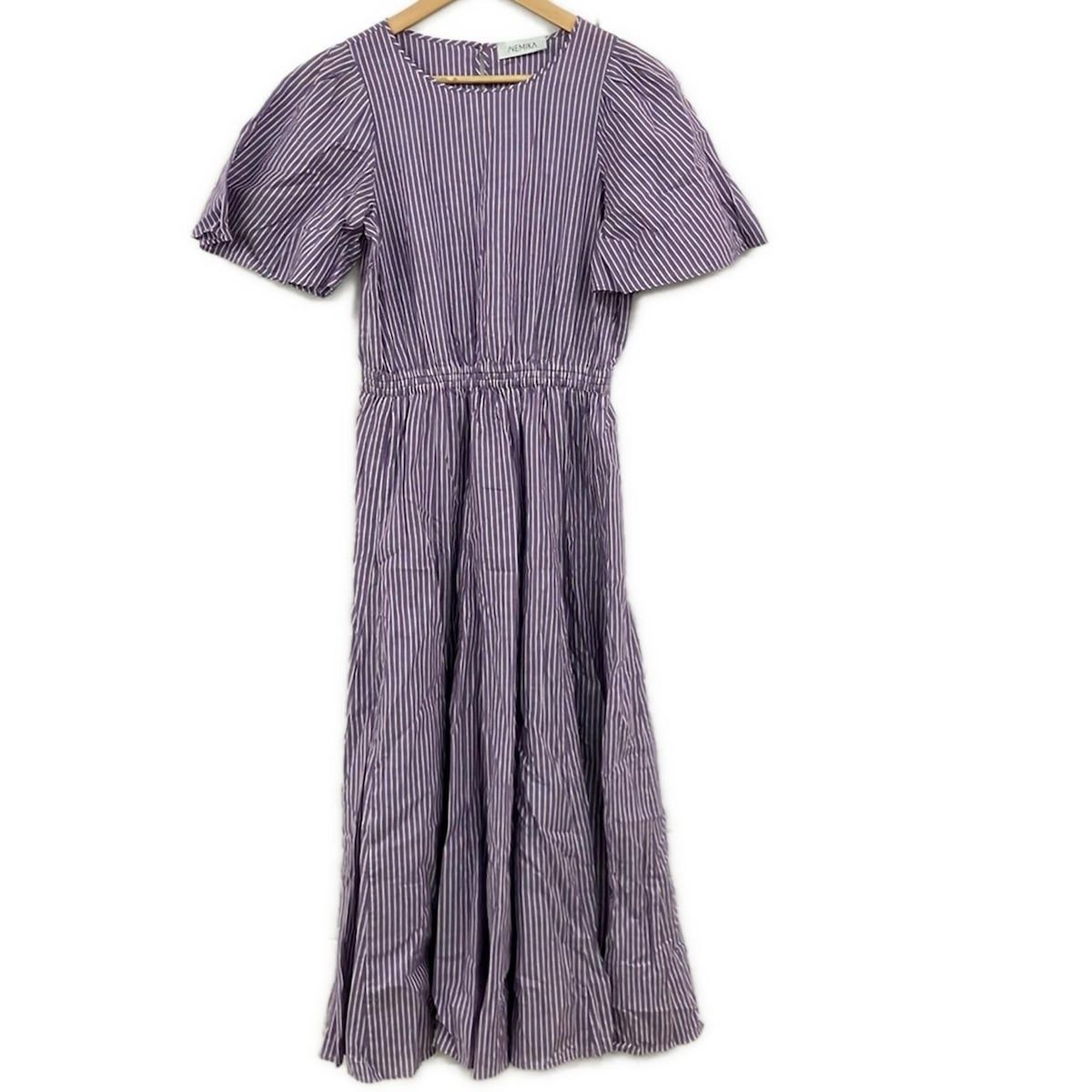 ネミカ ワンピース サイズ0 XS レディース - パープル×白 クルーネック 半袖 マキシ丈 ストライプ ウエストゴム