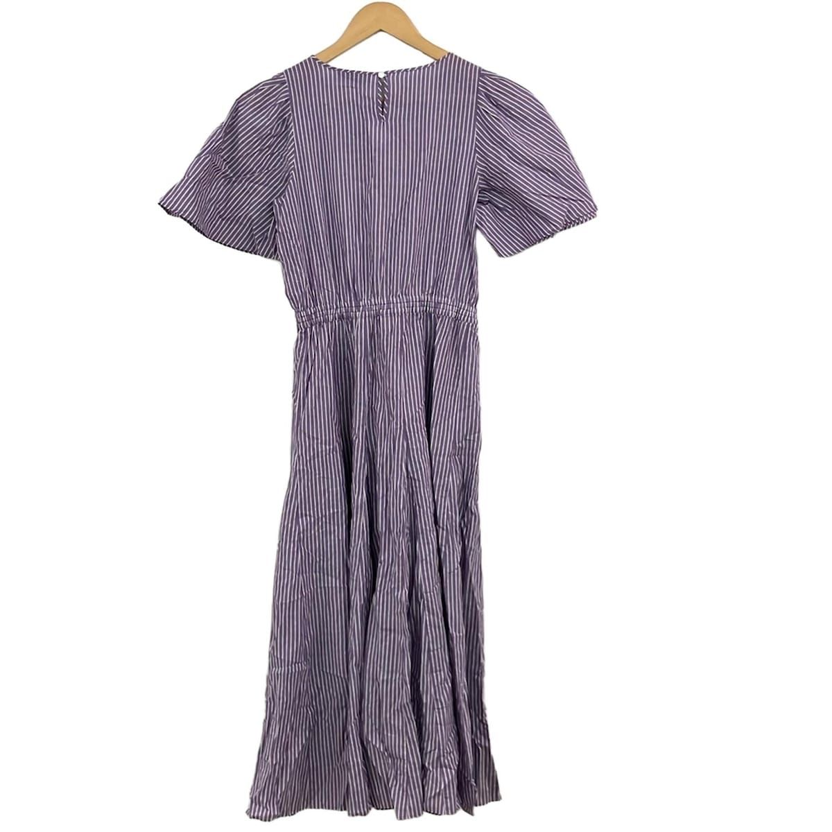 ネミカ ワンピース サイズ0 XS レディース パープル 白 クルーネック 半袖 マキシ丈 ストライプ ウエストゴム