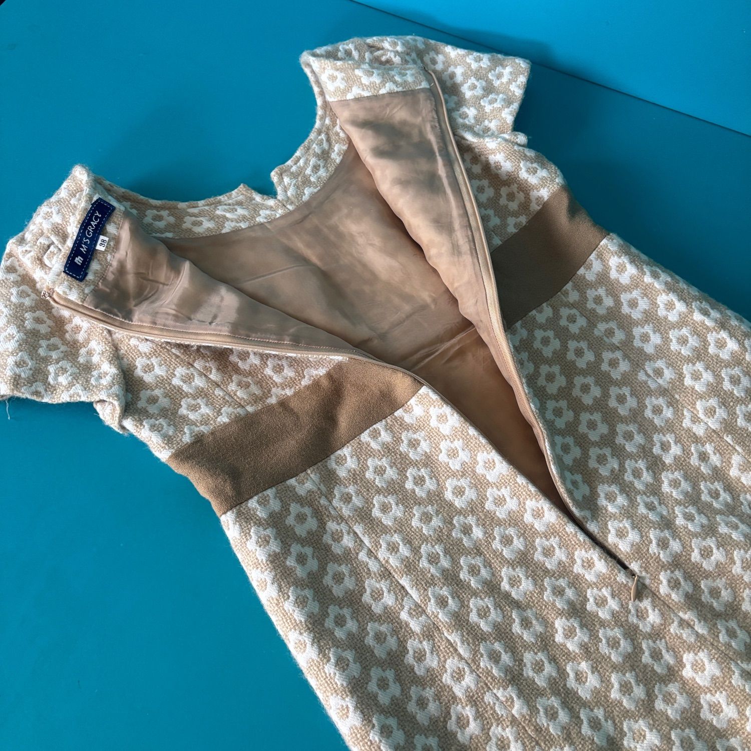 1133 エムズグレイシー ワンピース 花柄 ウール混 リボン 38 Mサイズ