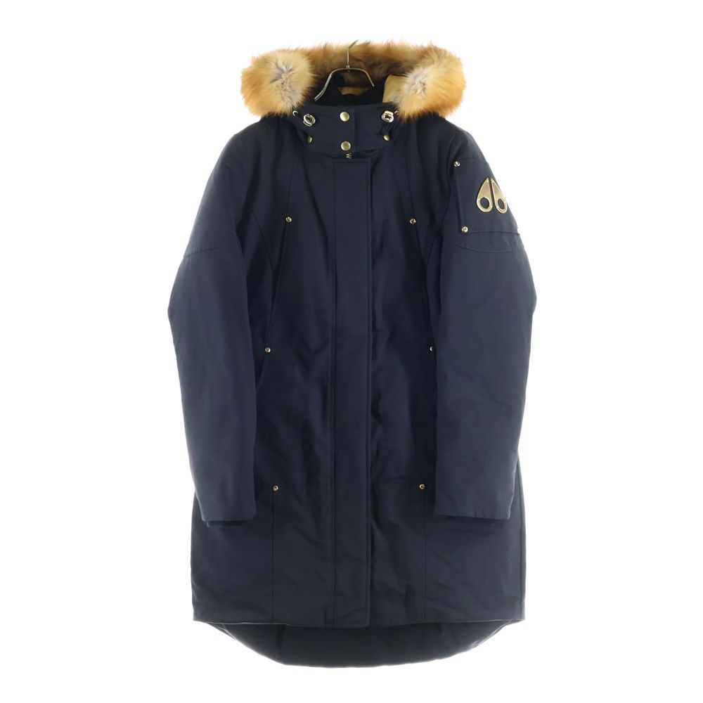 MOOSE ムースナックルズ ロゴプレート ファー フーデッド ジップアップ ダウン ロング ジャケット コート ブラック ゴールド 21 I-