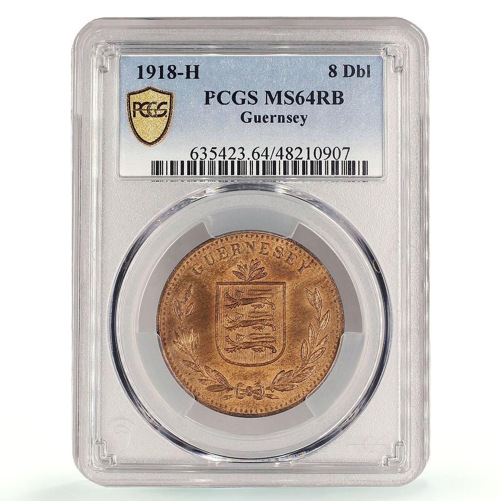 ガーンジー 8 ダブル キングジョージ 5 世 貨幣 KM 14 MS 64 PCGS ブロンズコイン 1918