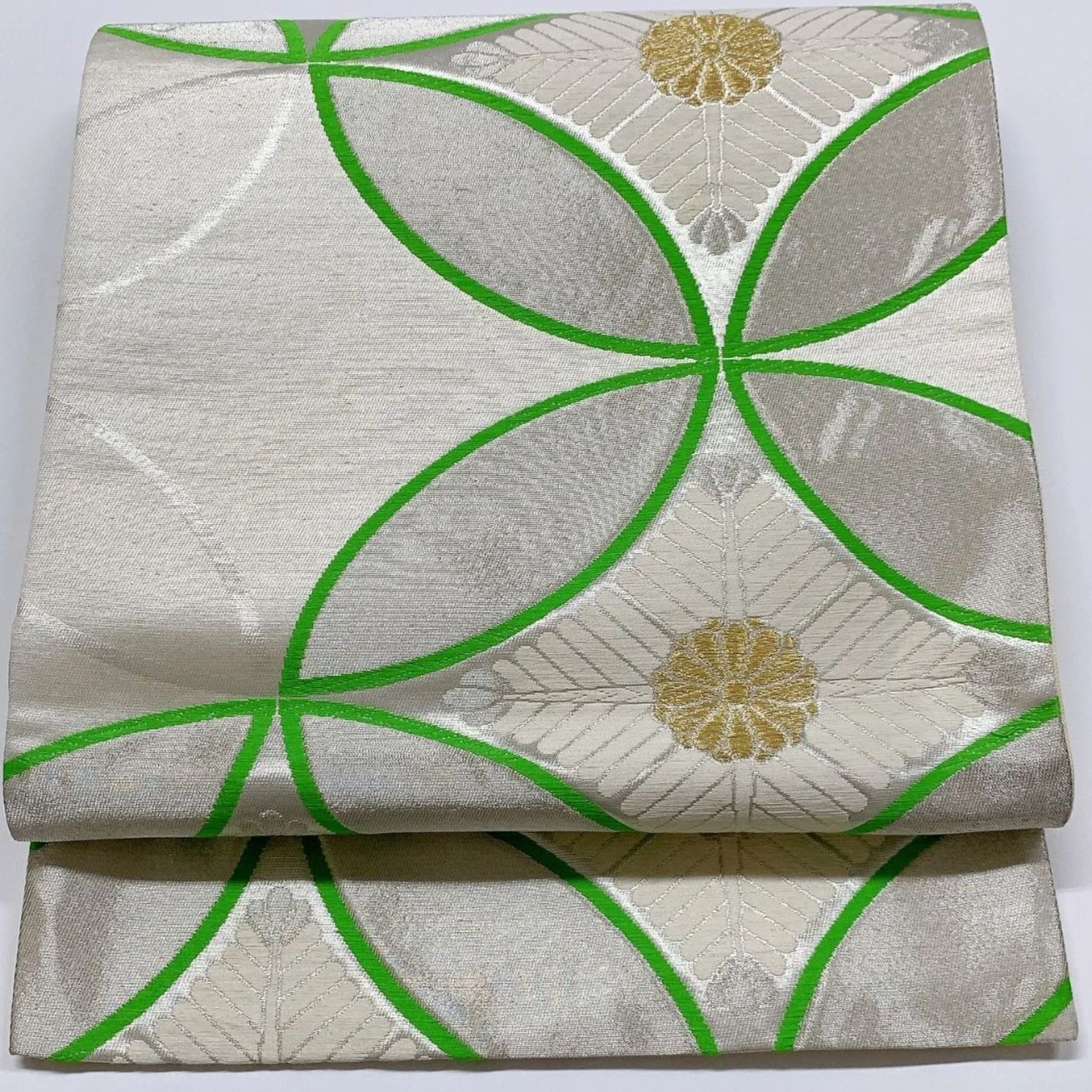 6047］袋帯 花菱七宝文様 金銀彩 六通 正絹 着物 フォーマル シルバー